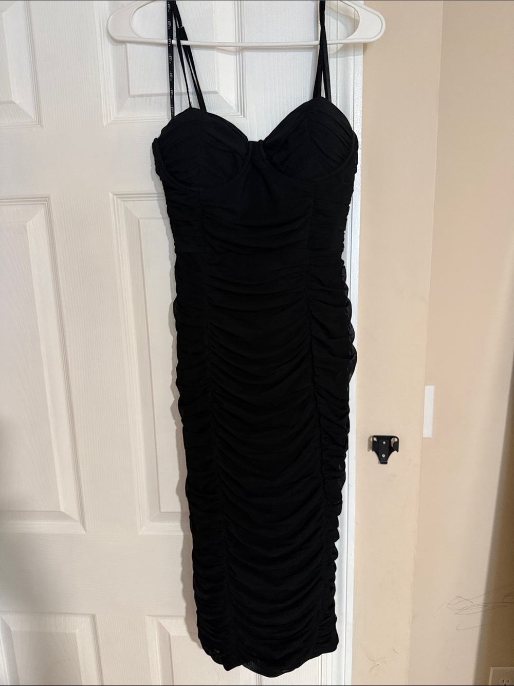 Black Ruched Spaghetti-Strap Midi Dress